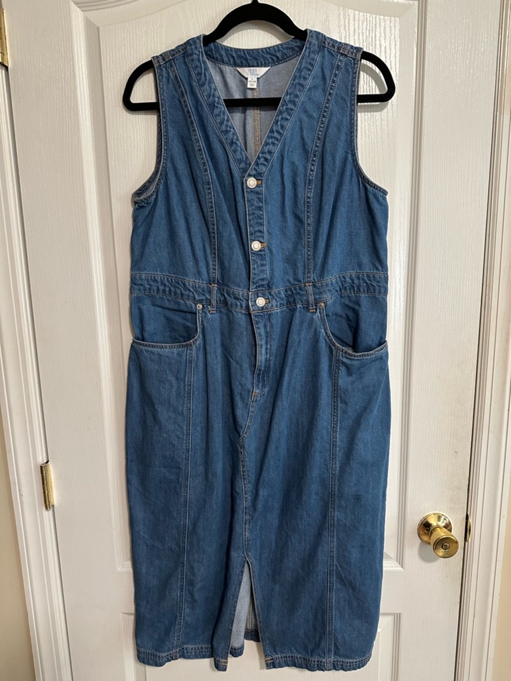 Time and Tru Denim Midi Dress L Button Front Pockets Casual Blue Jean